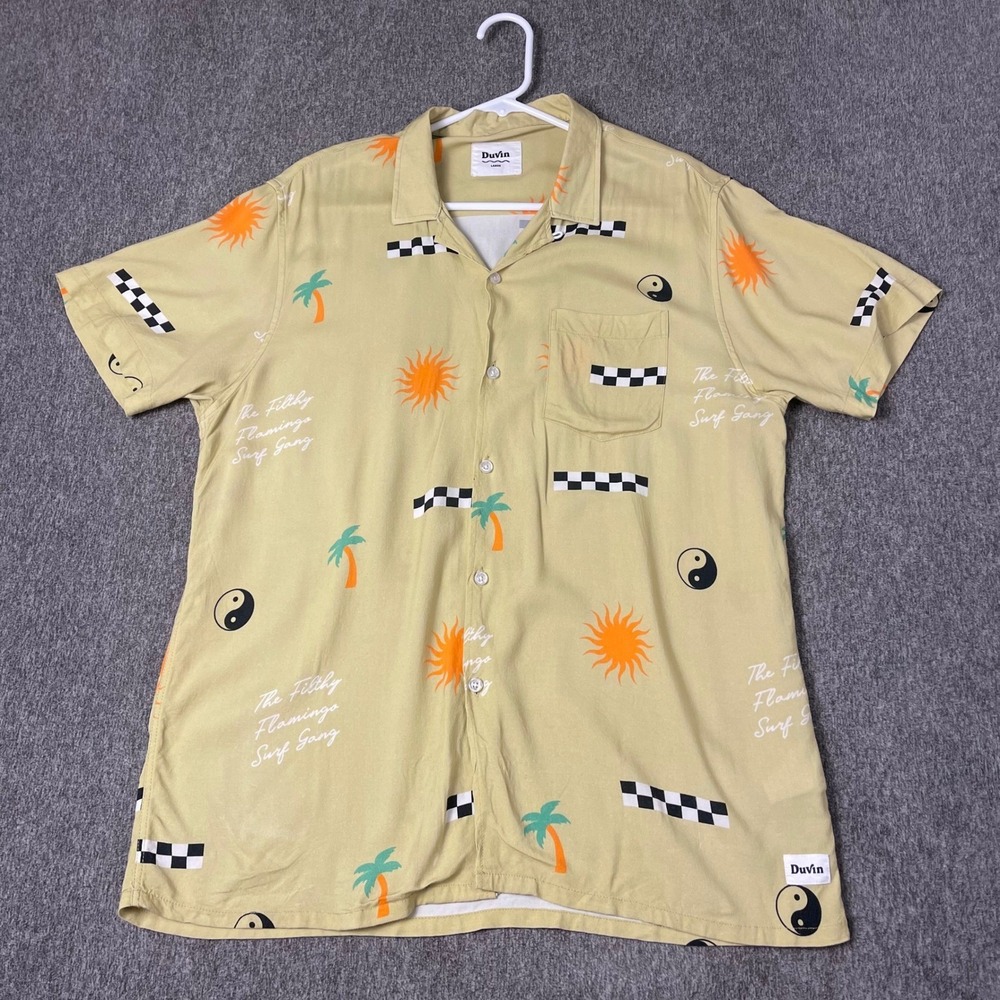 Duvin Design Shirt Mens Large Surf Gang Filthy Flamingo Palm Tree Sun Button Up